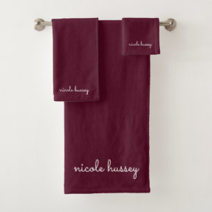 Burgundy Script Stylish Monogram Modern Bath Towel Set