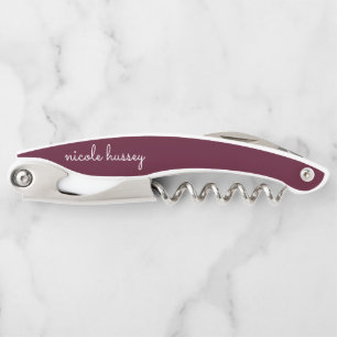 Burgundy Script    Stylish Monogram Modern Corkscrew