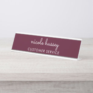 Burgundy Script    Stylish Monogram Modern Desk Name Plate