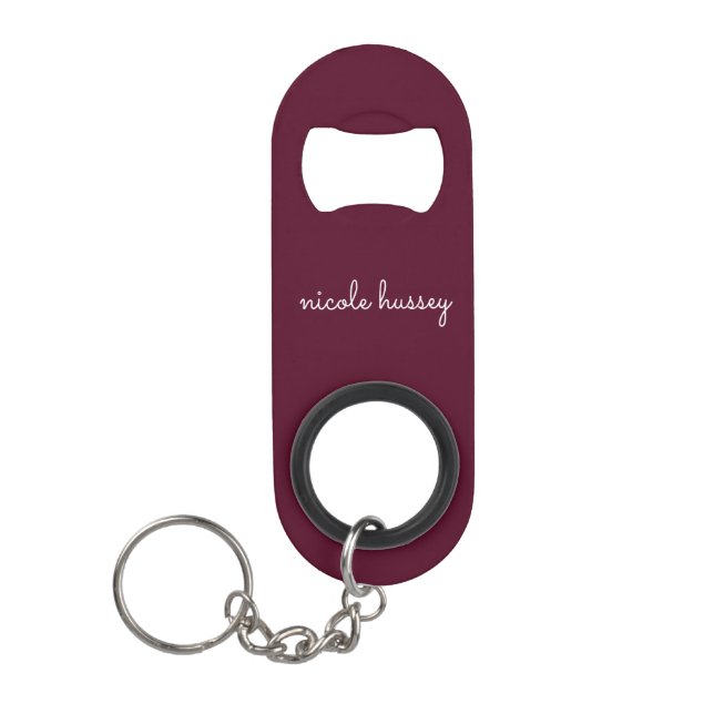 Burgundy Script  | Stylish Monogram Modern Keychain Bottle Opener (Front)