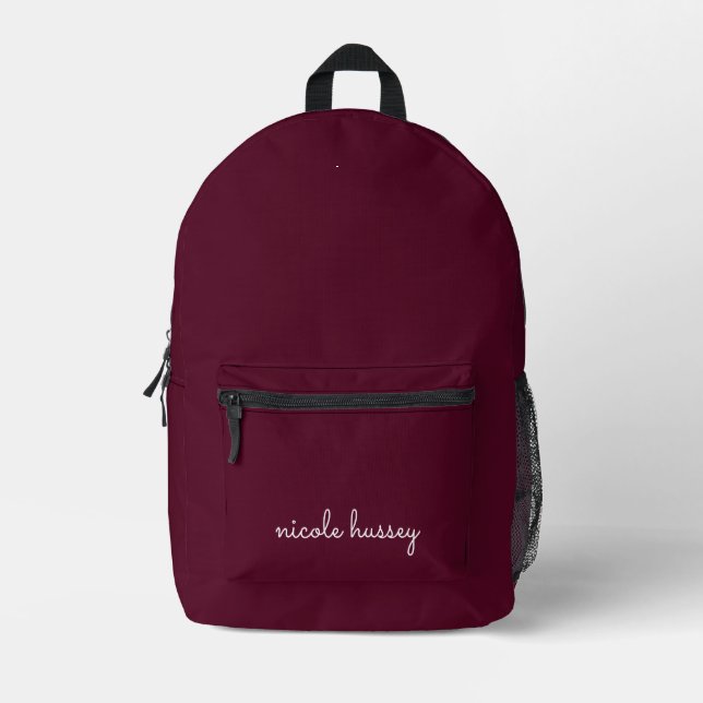 Burgundy Script  | Stylish Monogram Modern Printed Backpack (Front)