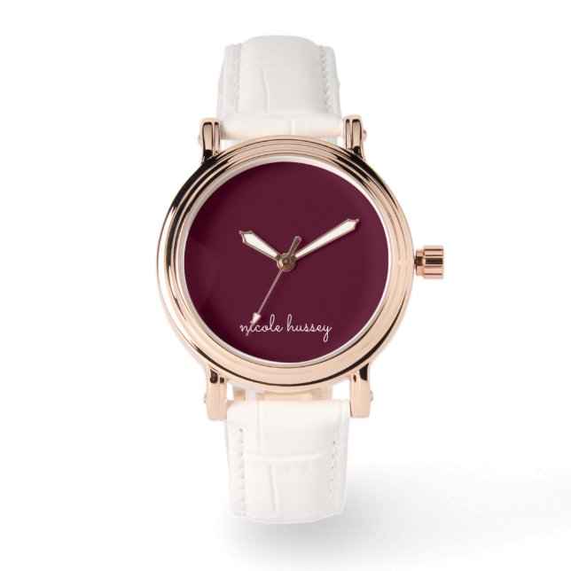 Burgundy Script  | Stylish Monogram Modern Watch (Front)