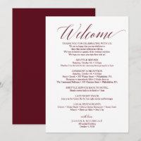 Burgundy Script Wedding Itinerary Welcome Letter