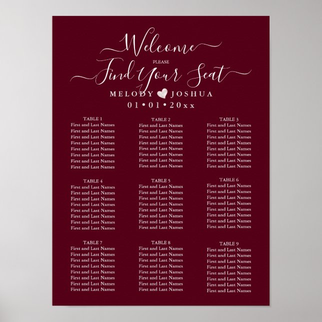 BURGUNDY SEATING CHART|DIY COLOR POSTER (Front)