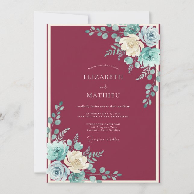 Burgundy Serene Bloom Wedding Invitation (Front)