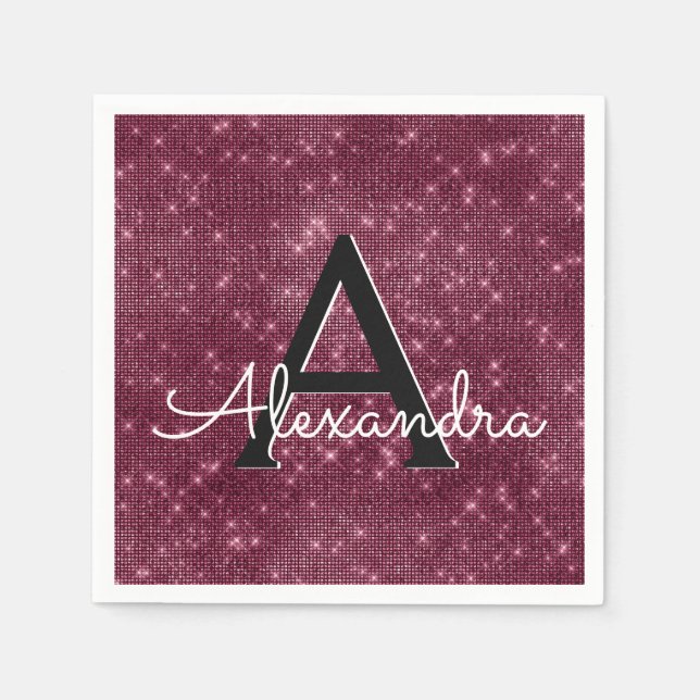 Burgundy Shimmer & Sparkle Monogram Birthday Napkin (Front)