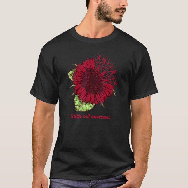 Burgundy Sickle Cell Awareness Sunflower Warrior T-Shirt (Front)