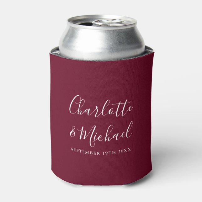 Burgundy Signature Script Wedding Can Cooler (Can Front)