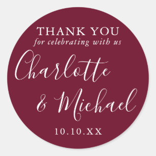 Burgundy Signature Wedding Favour Thank You Classic Round Sticker