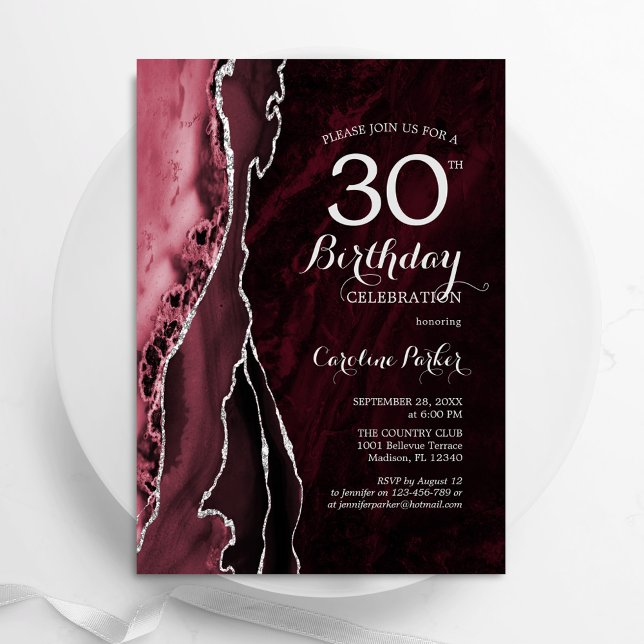 Burgundy Silver Agate 30th Birthday Invitation (Creator Uploaded)