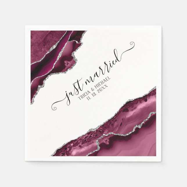 Burgundy & Silver Agate Borders Just Married Napkin (Front)