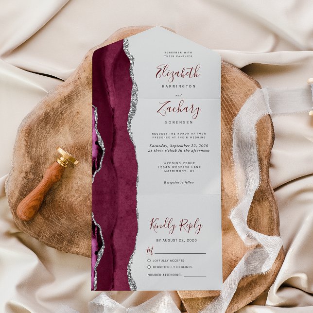 Burgundy Silver Agate Grey Wedding All In One Invitation (Creator Uploaded)