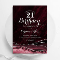 Burgundy Silver Agate Marble 21st Birthday
