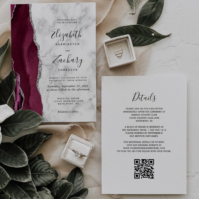Burgundy Silver Agate Marble QR Code Wedding Invitation (Creator Uploaded)