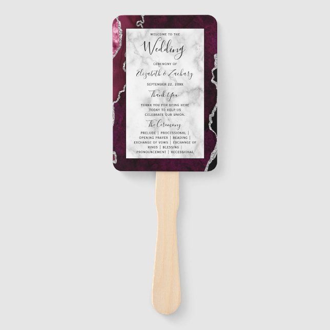 Burgundy Silver Agate Marble Wedding Program Hand Fan (Front)