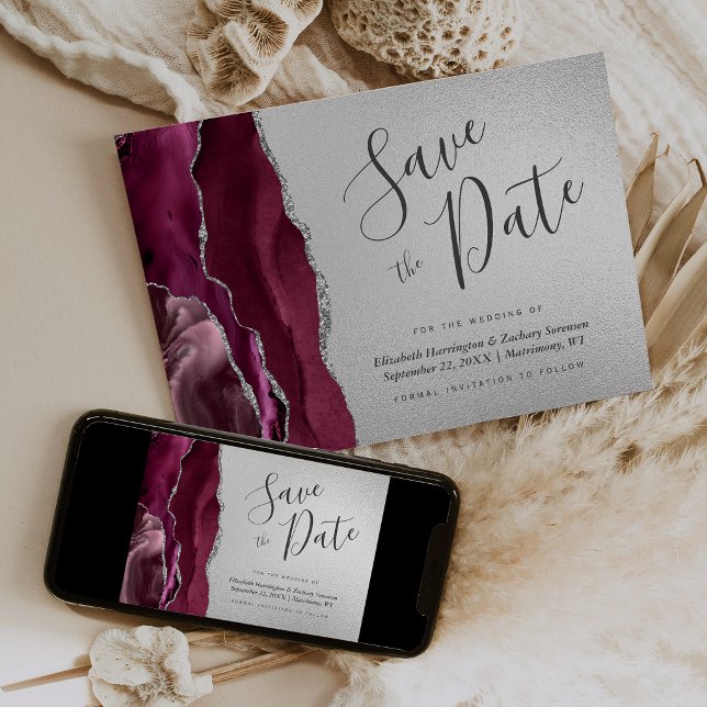 Burgundy Silver Agate Navy Blue Save the Date Invitation (Creator Uploaded)
