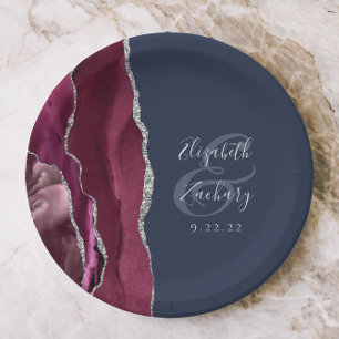 Burgundy Silver Agate Navy Blue Wedding Paper Plate