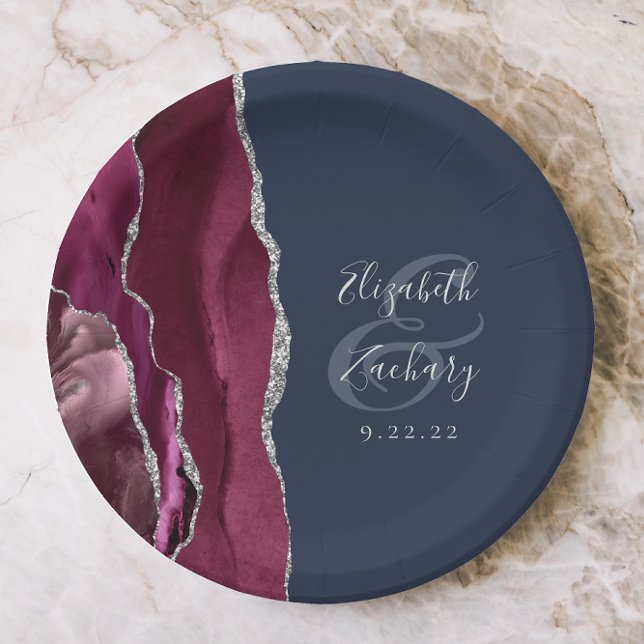 Burgundy Silver Agate Navy Blue Wedding Paper Plate (Creator Uploaded)