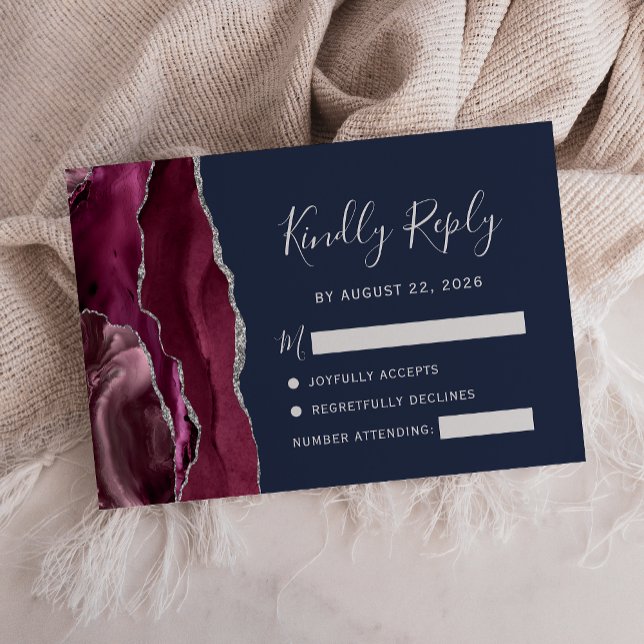 Burgundy Silver Agate Navy Blue Wedding RSVP Card (Creator Uploaded)