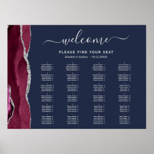 Burgundy Silver Agate Navy Blue Wedding Seating Poster