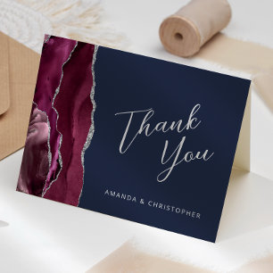 Burgundy Silver Agate Navy Blue Wedding Thank You Card