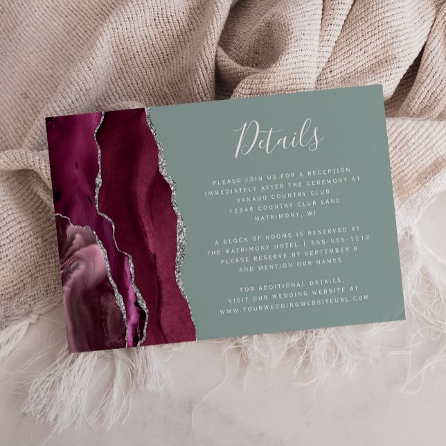Burgundy Silver Agate Sage Green Wedding Details Enclosure Card (Creator Uploaded)