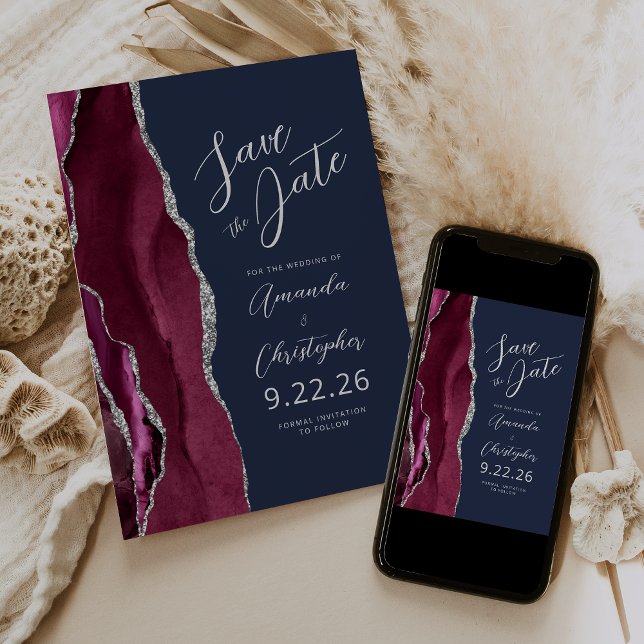 Burgundy Silver Agate Script Navy Save the Date Announcement (Creator Uploaded)