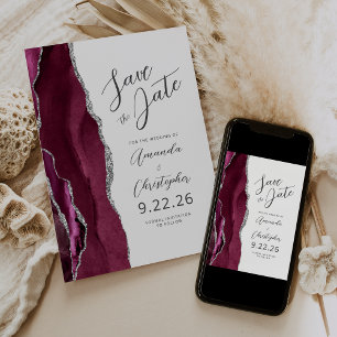 Burgundy Silver Agate Script Save the Date Announcement