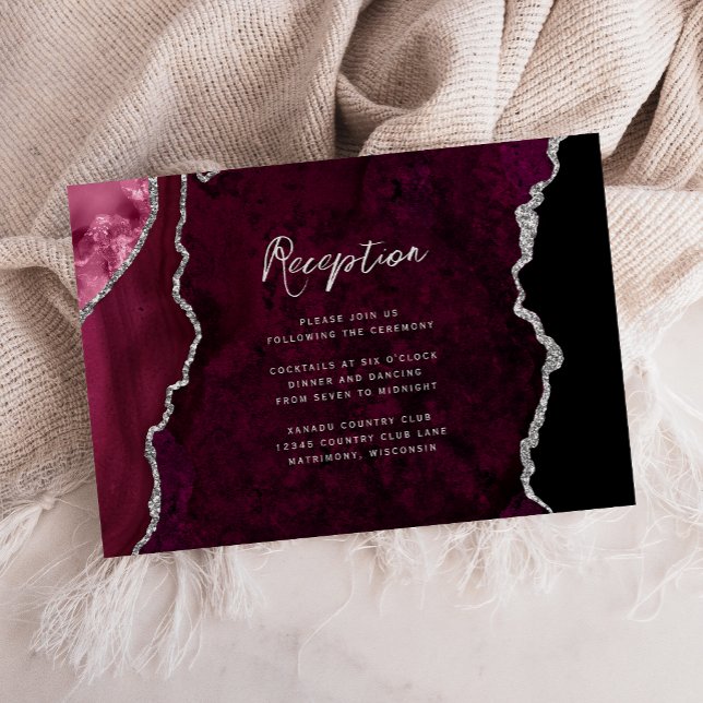 Burgundy Silver Agate Script Wedding Reception Enclosure Card (Creator Uploaded)