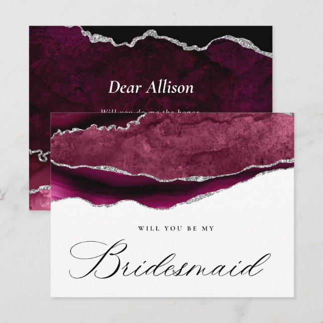 burgundy silver agate will you be my Bridesmaid  Invitation Postcard (Front/Back)