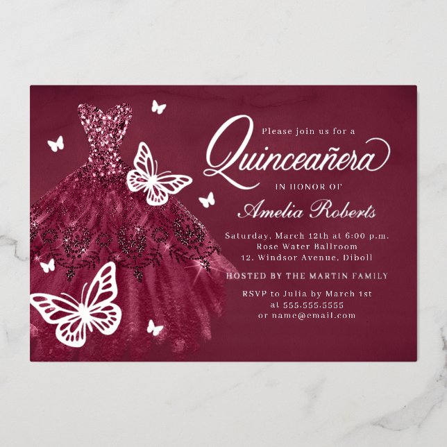 Burgundy Silver Butterfly Dress Quinceanera  (Front)