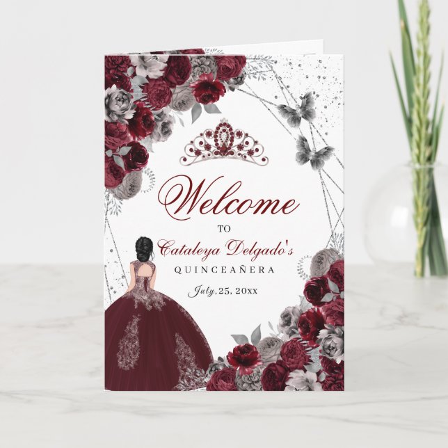 Burgundy Silver Butterfly Quinceanera Program (Front)