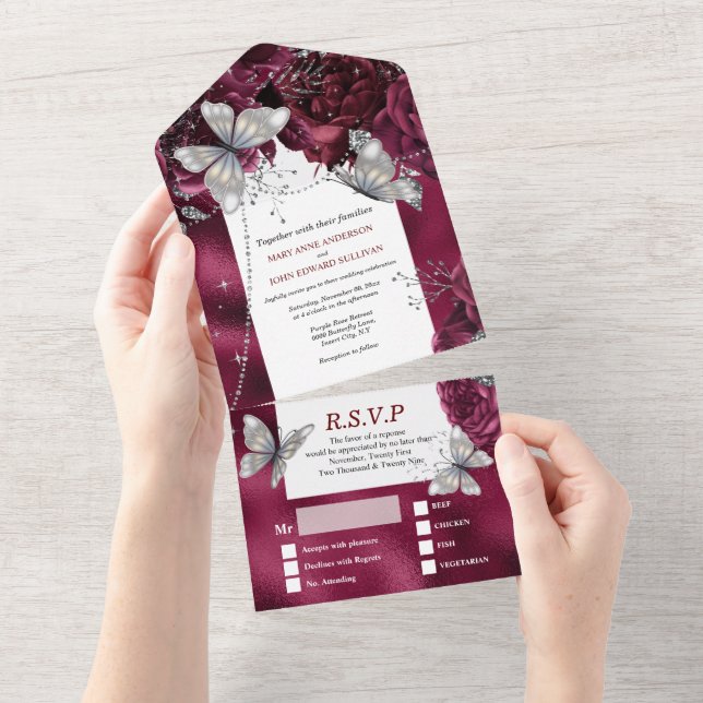 Burgundy silver butterfly shimmer maroon rose  all in one invitation (Tearaway)