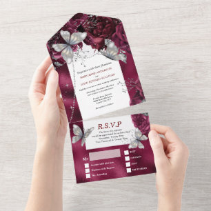 Burgundy silver butterfly shimmer maroon rose  all in one invitation