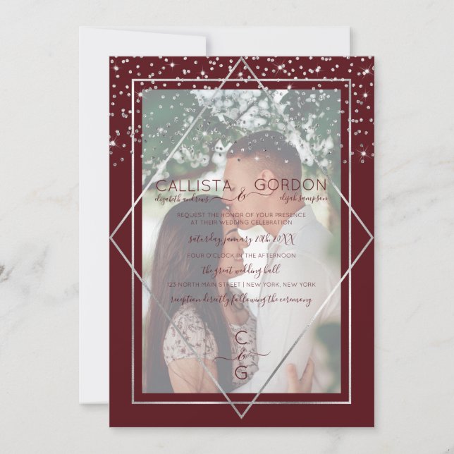 Burgundy Silver Confetti Geo Border Photo Wedding Invitation (Front)