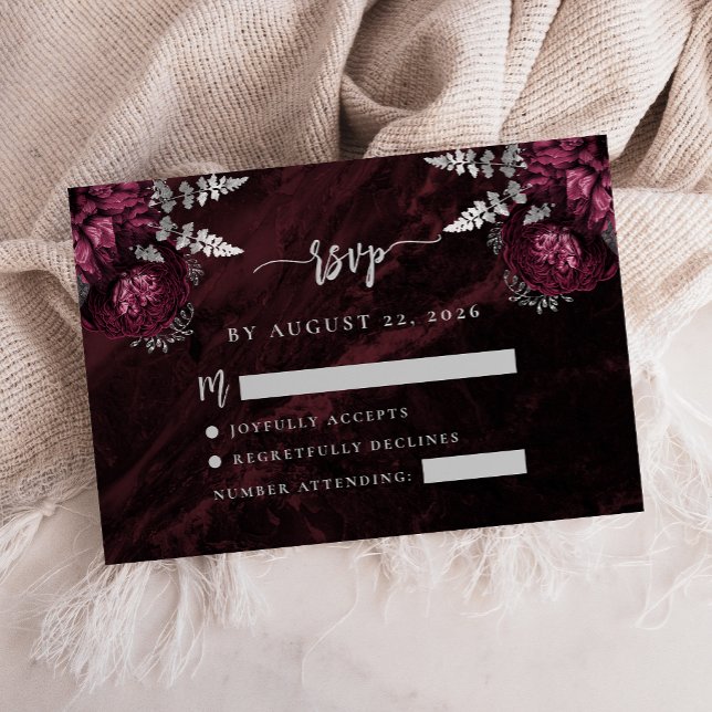 Burgundy Silver Floral Agate Script Wedding RSVP Enclosure Card (Creator Uploaded)