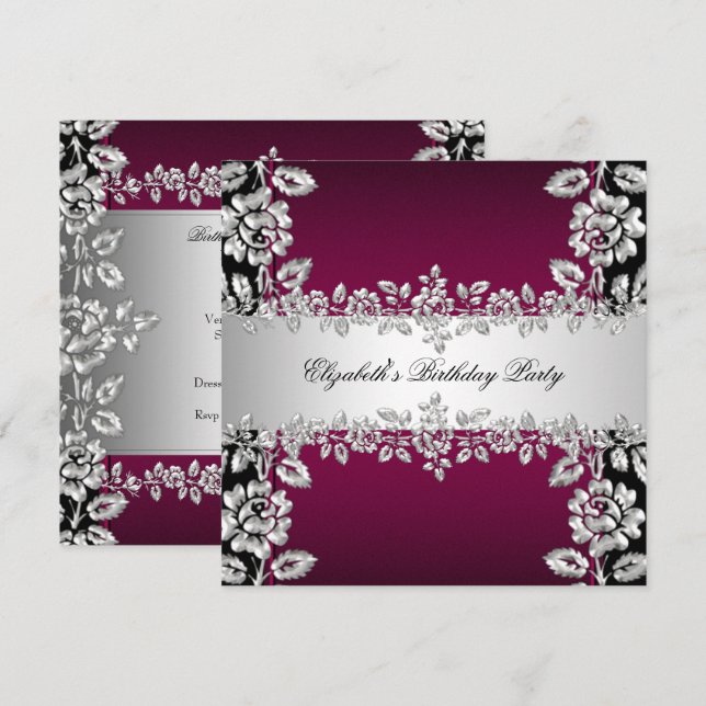 Burgundy Silver Floral Black Birthday Party Invitation (Front/Back)