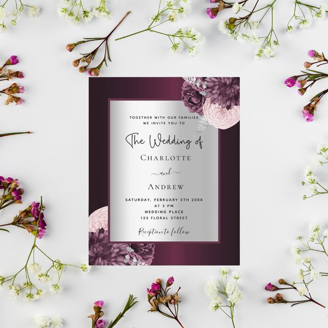 Burgundy silver floral budget wedding invitation (Creator Uploaded)