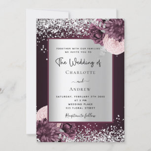 Burgundy silver floral elegant wedding invitation