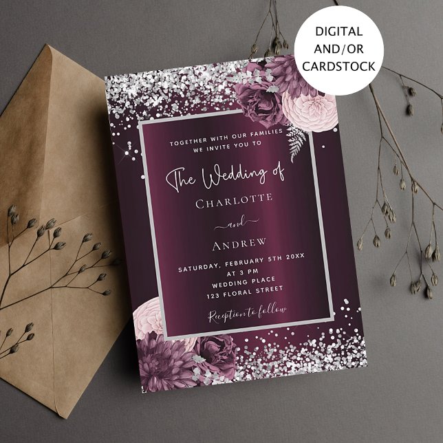 Burgundy silver floral elegant wedding invitation (Creator Uploaded)