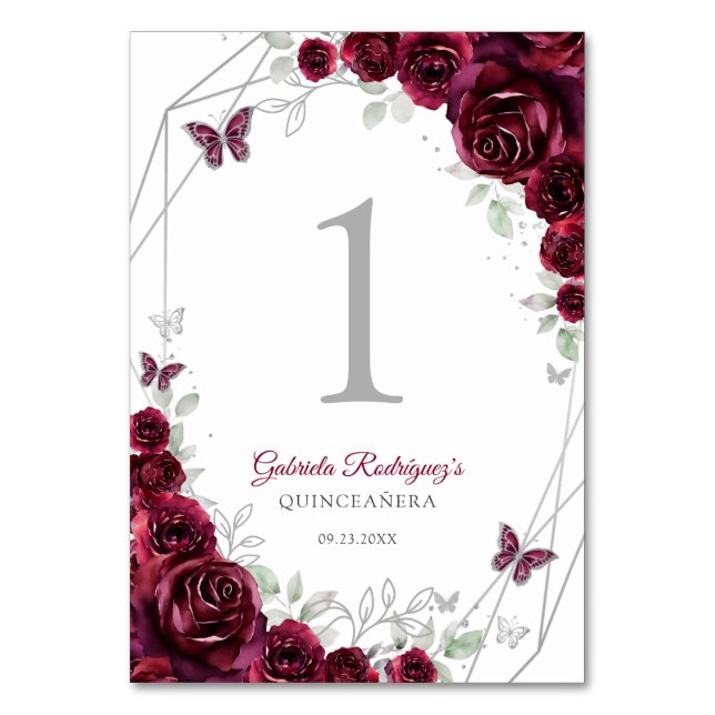 Burgundy Silver Floral Quinceanera Table Number (Front)