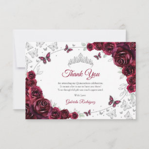 Burgundy Silver Floral Quinceanera Thank You Card