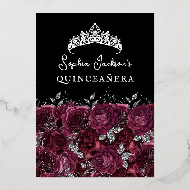 Burgundy Silver Floral Rose Quinceanera (Front)
