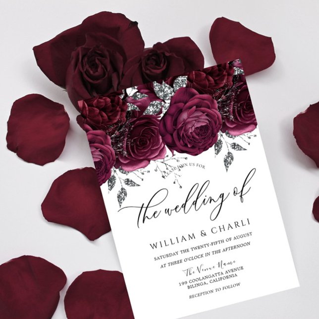 Burgundy & Silver Floral Sparkle Wedding Invitation (Creator Uploaded)