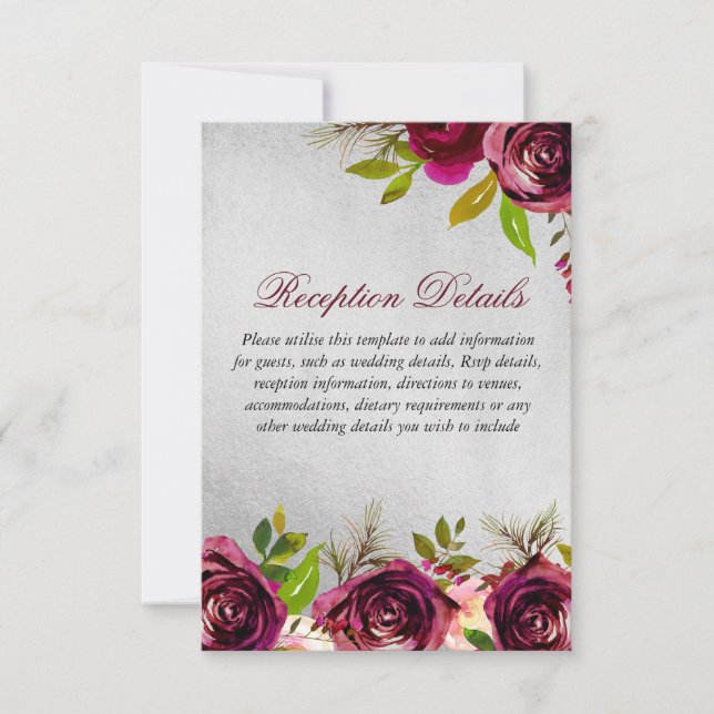 Burgundy Silver Floral Wedding Reception details Invitation (Front)