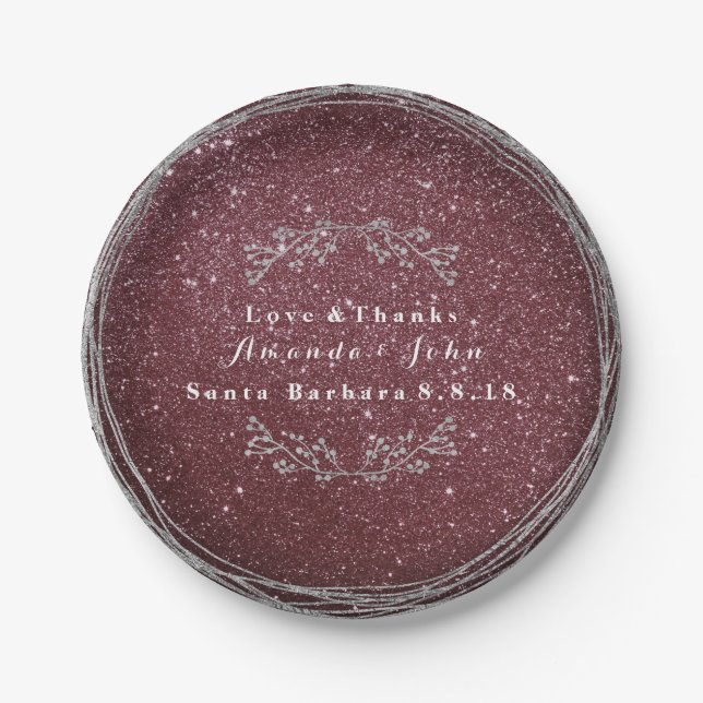 Burgundy Silver Floral Wreath Wedding Glitter Paper Plate (Front)