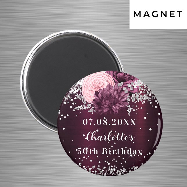 Burgundy silver florals birthday save the date magnet (Creator Uploaded)