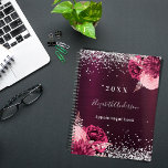 Burgundy silver florals sparkle name 2025 planner<br><div class="desc">A deep burgundy gradient background decorated with faux silver glitter,  sparkles and burgundy and blush pink florals.  Personalize and add a year,  name and a title/text.</div>