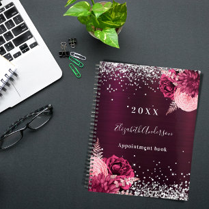 Burgundy silver florals sparkle name 2026 planner