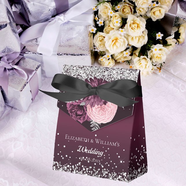 Burgundy silver florals thank you wedding favor box (Creator Uploaded)